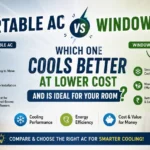 Portable AC vs Window AC comparison banner showing which AC cools better at lower cost and is ideal for small and large rooms