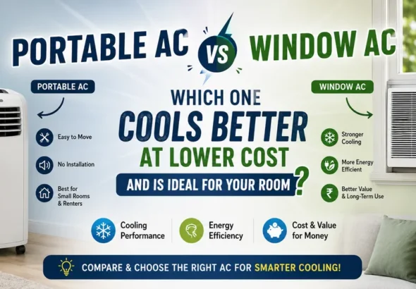Portable AC vs Window AC comparison banner showing which AC cools better at lower cost and is ideal for small and large rooms