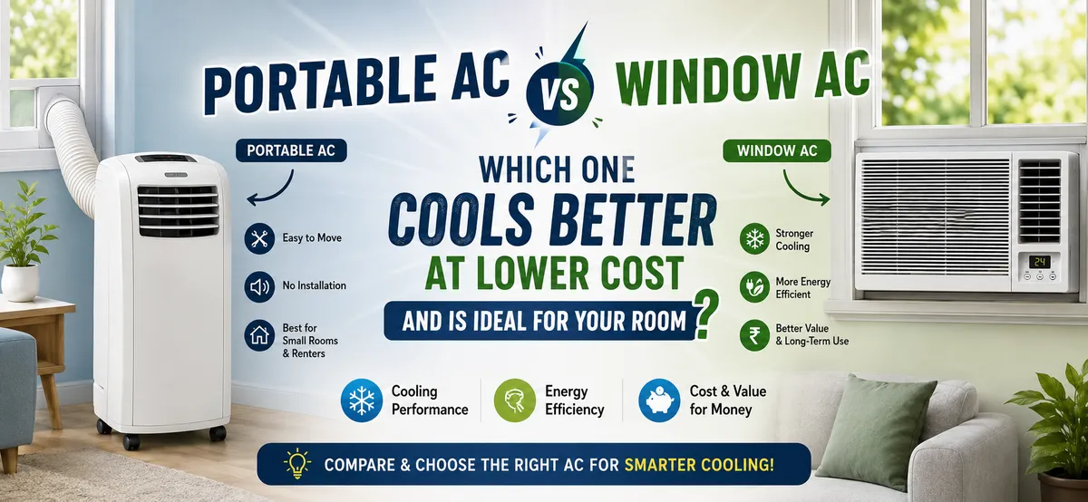 Portable AC vs Window AC comparison banner showing which AC cools better at lower cost and is ideal for small and large rooms
