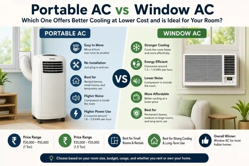 Portable AC vs window AC infographic comparing cooling performance, electricity usage, price range, noise level, portability, and best room suitability for Indian homes