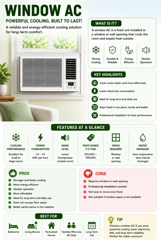 Window AC infographic explaining powerful cooling, energy efficiency, lower electricity usage, pros and cons, pricing, and best use cases for bedrooms and permanent homes