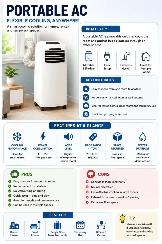 Portable AC infographic showing cooling performance, electricity consumption, pros and cons, pricing, portability, and best use cases for rented homes and small rooms