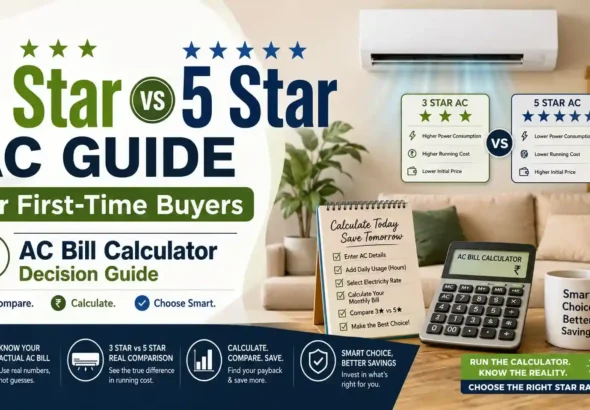 3 Star vs 5 Star AC guide banner showing AC bill calculator comparison, electricity consumption, running cost savings, and smart AC buying decision for first-time buyers.