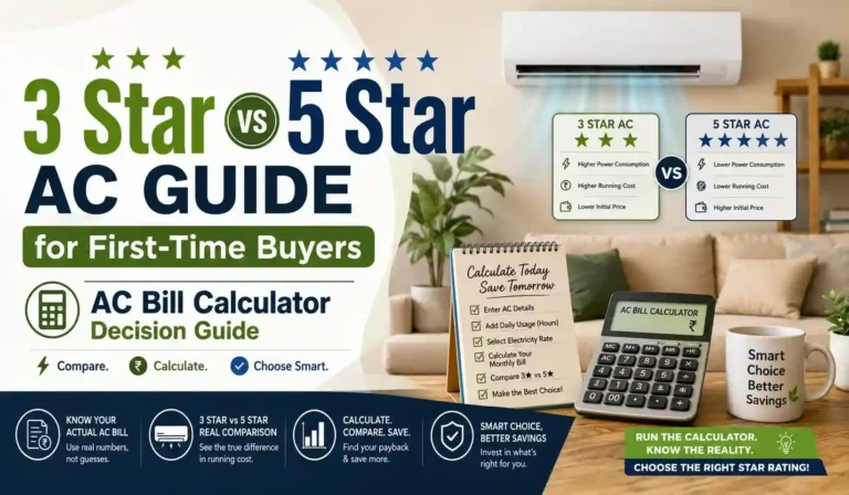 3 Star vs 5 Star AC guide banner showing AC bill calculator comparison, electricity consumption, running cost savings, and smart AC buying decision for first-time buyers.